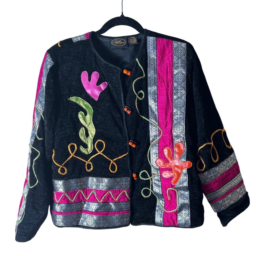Allure‎ Petite Jacket PM Black Rayon Artsy Colorful Embroidered Abstract